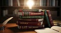 A stack of classic philosophy books illuminated by a bright lightbulb, symbolizing knowledge and ideas in a library setting Royalty Free Stock Photo