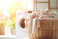 Stack of clean bedding sheets on blurred laundry room background