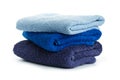 Stack of clean coloful soft towels on white background