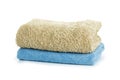 Stack of clean coloful soft towels on white background