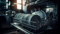 Stack of clean crockery in modern dishwasher generated by AI Royalty Free Stock Photo