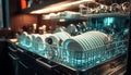 Stack of clean crockery in modern dishwasher generated by AI Royalty Free Stock Photo