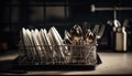 Stack of clean crockery and silverware in modern kitchen dishwasher generated by AI