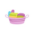 Stack of clean folded linens and towels in purple plastic basket. Laundry and housework theme. Flat vector design