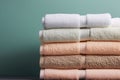 Stack of clean folded white beige terry towels on gray wall background. Laundry spa wellness cleanliness concept