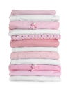 Stack of clean girl`s clothes on white Royalty Free Stock Photo