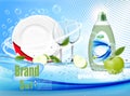 Stack of clean plates and two glasses in soap foam and bubblies with cleanser bottle with a green apple. Realistic dishware for