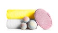 Stack of clean soft towels, bath bombs and sponge Royalty Free Stock Photo
