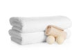 Stack of clean soft towels, bath bombs Royalty Free Stock Photo