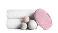 Stack of clean soft towels, bath bombs Royalty Free Stock Photo