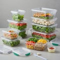 Stack of Clear Plastic Food Containers with Various Salads and Ingredients Royalty Free Stock Photo