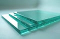 Stack of clear tempered glass sheets with green edges. Material prepared for cutting or fabrication, ready for construction and Royalty Free Stock Photo
