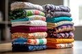 stack of cloth diapers in various colors and patterns