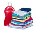 Stack of clothes and detergent bottle, fresh laundry textile Royalty Free Stock Photo