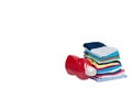 Stack of clothes and detergent bottle, fresh laundry textile Royalty Free Stock Photo