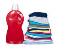 Stack of clothes and detergent bottle, fresh laundry textile Royalty Free Stock Photo