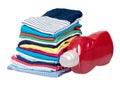Stack of clothes and detergent bottle, fresh laundry textile Royalty Free Stock Photo