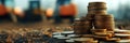 Stack of coins arranged in graphical pattern on blurry background of land construction site. Coins seem to represent financial Royalty Free Stock Photo