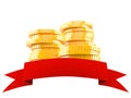 Stack of coins with blank ribbon Royalty Free Stock Photo