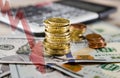 Stack of coins with a calculator and dollars on the background of a business graph. The concept of financial growth or decline. Royalty Free Stock Photo