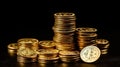 Stack of coins. Cash currency on a black background. Coins bitcoins