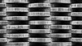 Stack of coins close-up. Coin texture. Black and white business background made of many coin edges. Economy finance and bank