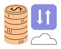 Stack of coins with cloud and data exchange arrows representing digital financial transactions Royalty Free Stock Photo
