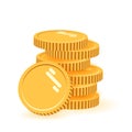 Stack of coins with coin in front of it. Icon flat, coins pile, coins money, one golden coin standing on stacked gold