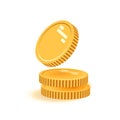 Stack of coins with coin in front of it. Icon flat, coins pile, coins money, one golden coin standing on stacked gold