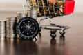 Stack of coins with compass and shopping trolley on wood table