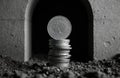 Stack of coins emerging from a small tunnel in the ground symbolizing savings or Royalty Free Stock Photo