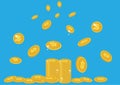 Stack of coins flat coin money stacked flat icon gold money cash pile of treasure isolated on blue background. Flat style cartoon Royalty Free Stock Photo