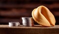 Stack of coins and a fortune cookie, symbolizing wealth, luck, and prosperity Royalty Free Stock Photo