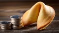 Stack of coins and a fortune cookie, symbolizing wealth, luck, and prosperity Royalty Free Stock Photo
