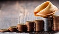 Stack of coins and a fortune cookie, symbolizing wealth, luck, and prosperity Royalty Free Stock Photo
