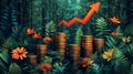 Stack of coins in green foliage with upward arrow, economic growth concept Royalty Free Stock Photo