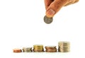 Stack of coins with hand ,Thai bath