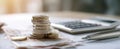 The stack of coins next to banknotes and a calculator on a desk..AI generated image Royalty Free Stock Photo
