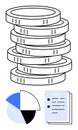 Stack of coins with pie chart and documents representing financial planning and analysis Royalty Free Stock Photo