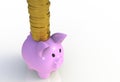 Stack of coins on pink piggy bank  isolated on white Royalty Free Stock Photo