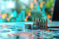 A stack of coins is positioned next to a laptop computer, presenting a symbol of financial investment alongside modern technology Royalty Free Stock Photo