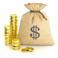 Stack coins and rag bag with money Royalty Free Stock Photo
