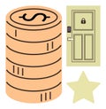Stack of coins, secured door with lock, and star symbolizing value, security, and financial success Royalty Free Stock Photo