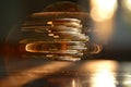 Stack of coins spinning and creating golden light trails Royalty Free Stock Photo