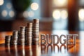 Stack of coins on a table, with the 3d render word text \