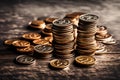 Stack of coins on the table front view shot Royalty Free Stock Photo