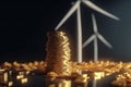 Stack of coins with windmills on background. Return on investment on renewable clean energy.