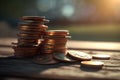 Stack of coins on wooden table with sun light. Business and finance concept. Royalty Free Stock Photo