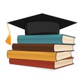 Stack of color books. A pile of books with a square graduation hat at the top Royalty Free Stock Photo