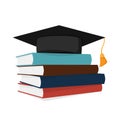 Stack of color books. A pile of books with a square graduation hat at the top Royalty Free Stock Photo